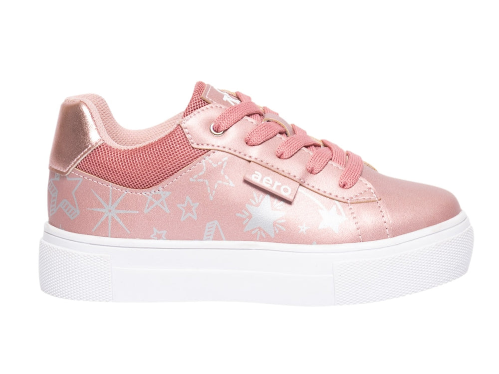 Tenis Aeropostale para niña en color oro rosado metálico con estampado de estrellas y suela blanca de plataforma.