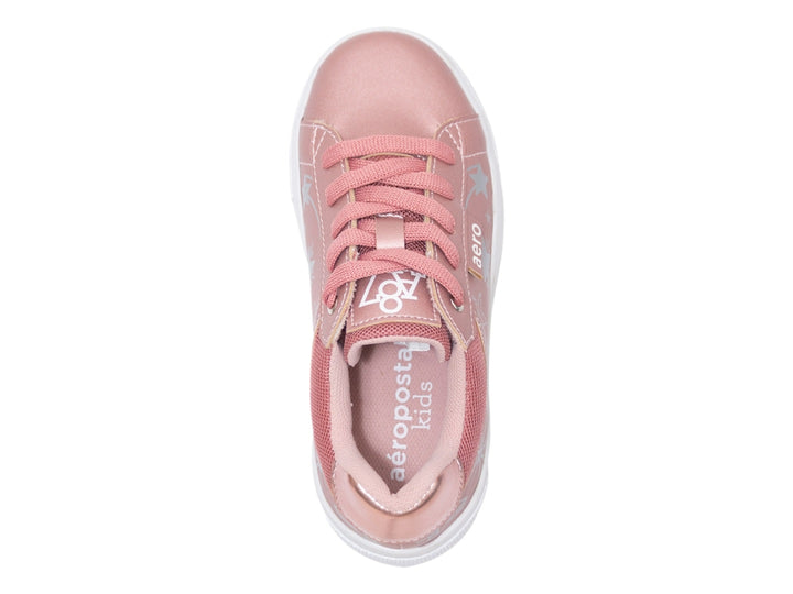 Tenis Aeropostale para niña en color oro rosado metálico con estampado de estrellas y suela blanca de plataforma.