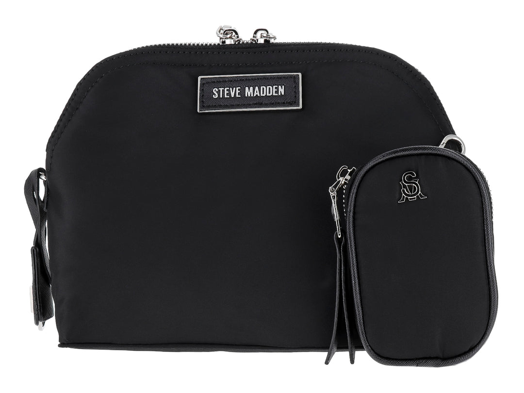 Bolso negro Steve Madden con estuche pequeño a juego y herrajes plateados.