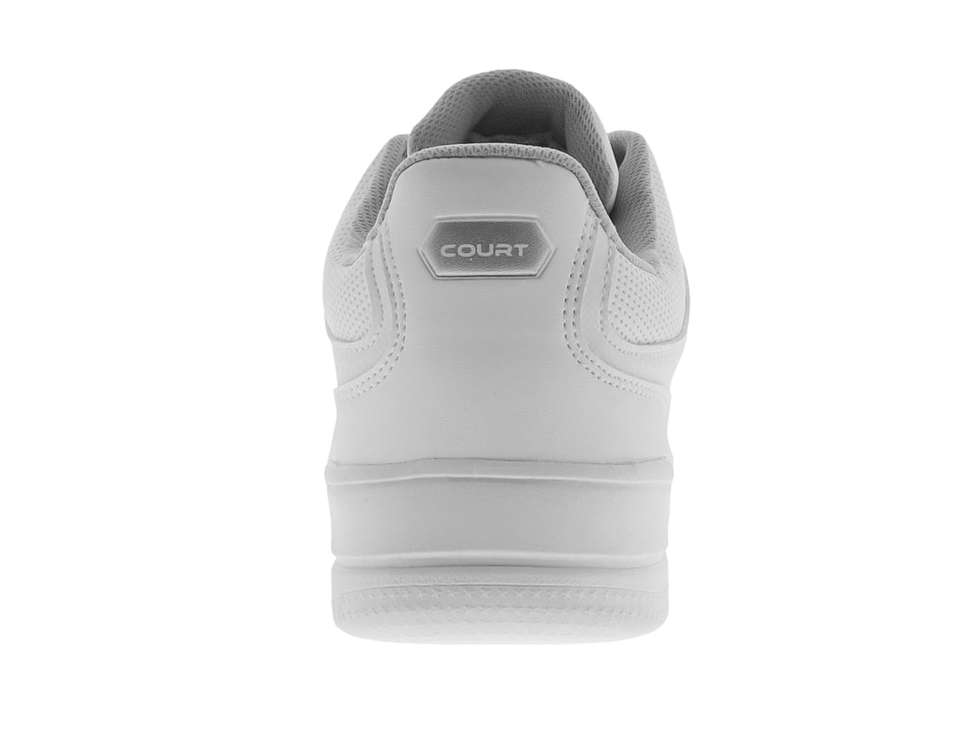 Tenis deportivos COURT modelo A7920E en color blanco total con suela ancha y detalles perforados.