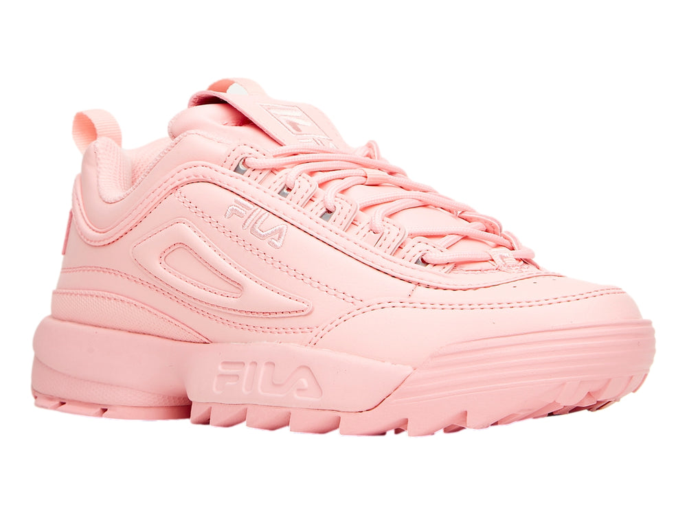 Tenis FILA Disruptor II Premium en color rosa coral blush con suela gruesa y dentada.