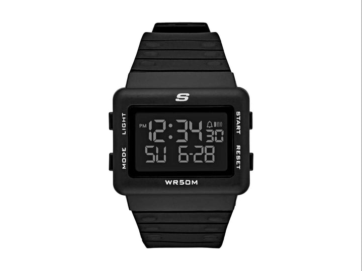 Reloj digital Skechers SR1077 en color negro con caja cuadrada y correa sintética mate.