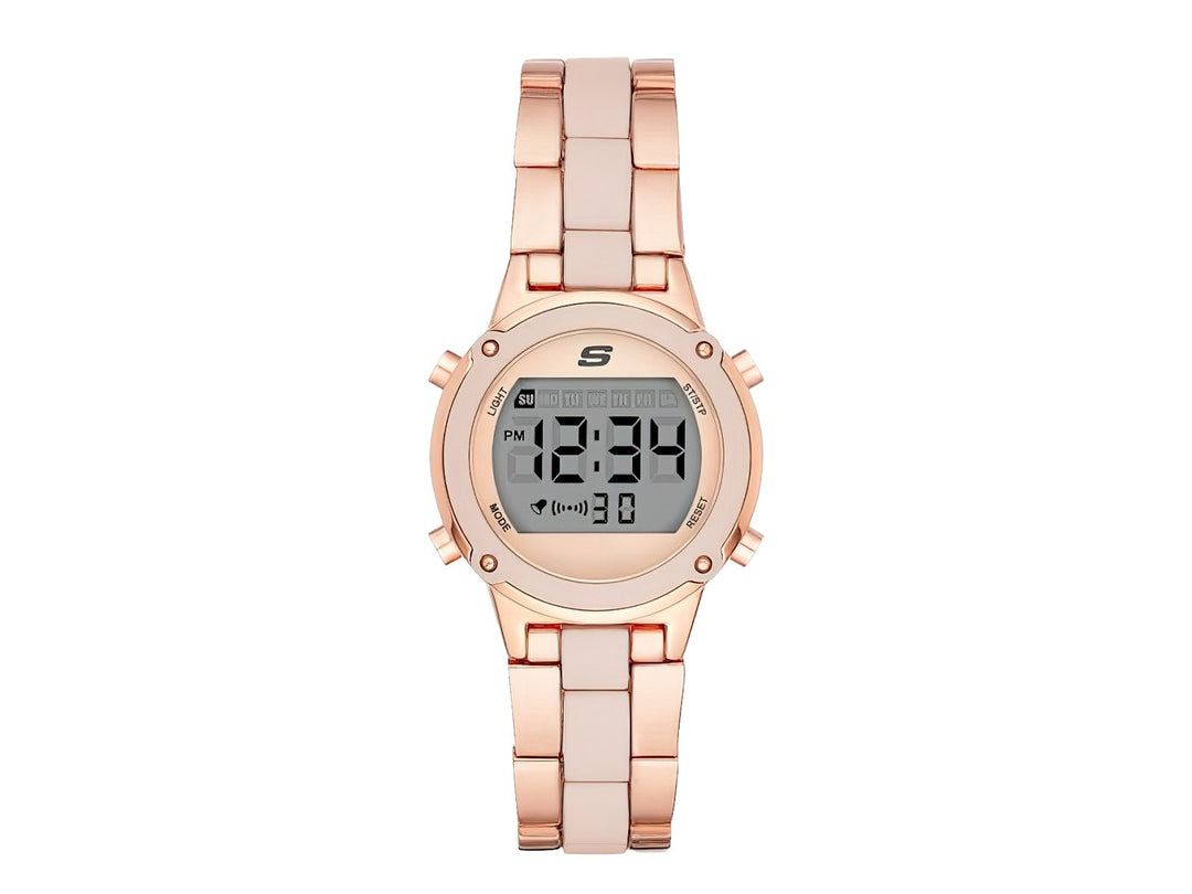 Reloj digital Skechers en color oro rosa con correa de eslabones metálicos y pantalla digital gris.