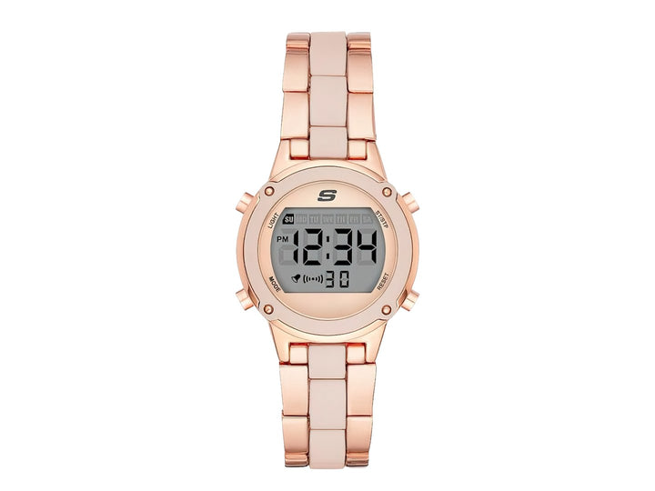 Reloj digital Skechers en color oro rosa con correa de eslabones metálicos y pantalla digital gris.