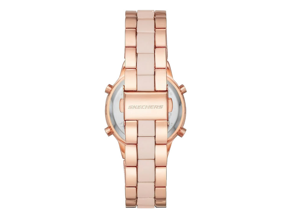 Reloj digital Skechers en color oro rosa con correa de eslabones metálicos y pantalla digital gris.