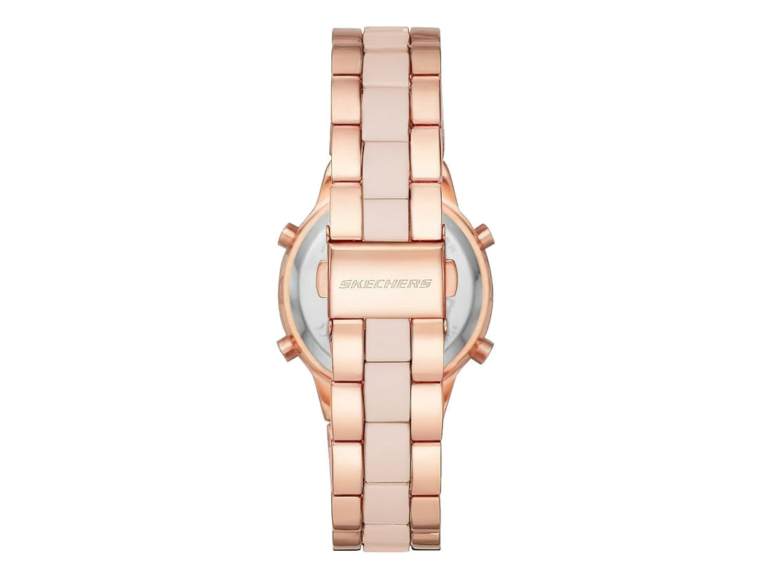 Reloj digital Skechers en color oro rosa con correa de eslabones metálicos y pantalla digital gris.