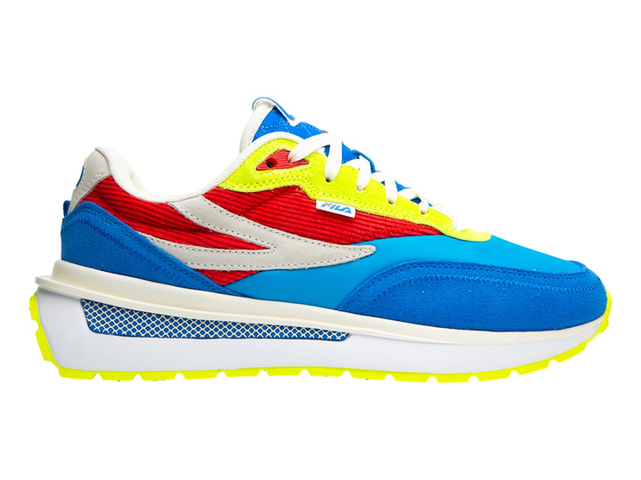 Tenis FILA deportivos en colores azul, rojo y amarillo con suela blanca y detalles en gris.