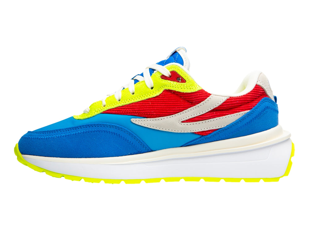 Tenis FILA deportivos en colores azul, rojo y amarillo con suela blanca y detalles en gris.