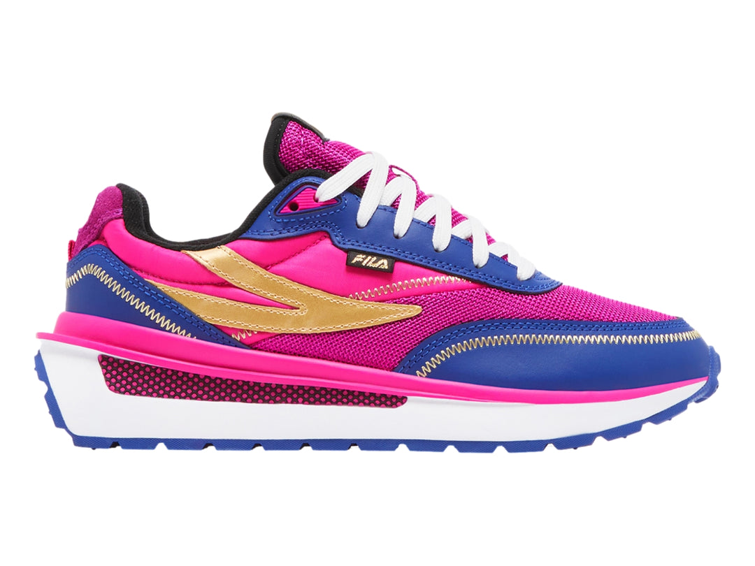 Tenis deportivos FILA en colores rosa y azul con detalles dorados y suela blanca.