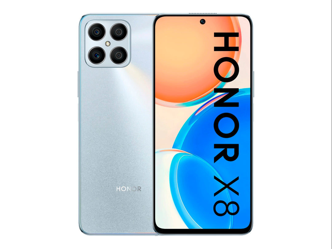 Smartphone HONOR X8 color plata con pantalla frontal y vista posterior que muestra el módulo de cámaras.