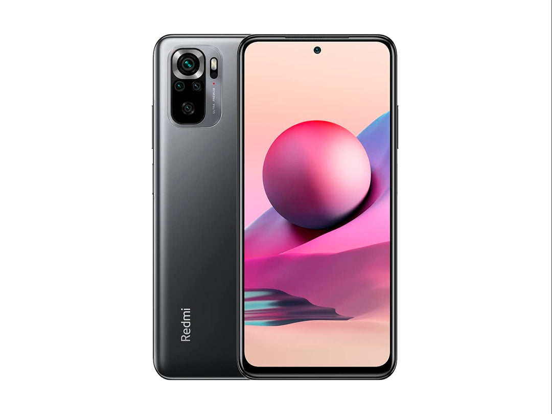 Smartphone Xiaomi Redmi Note 10S en color gris, vista frontal y posterior sobre fondo blanco.