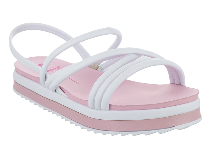 Sandalia de plataforma para niña en colores blanco y rosa con tiras cruzadas y suela dentada.