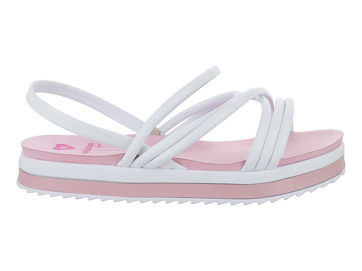 Sandalia de plataforma para niña en colores blanco y rosa con tiras cruzadas y suela dentada.