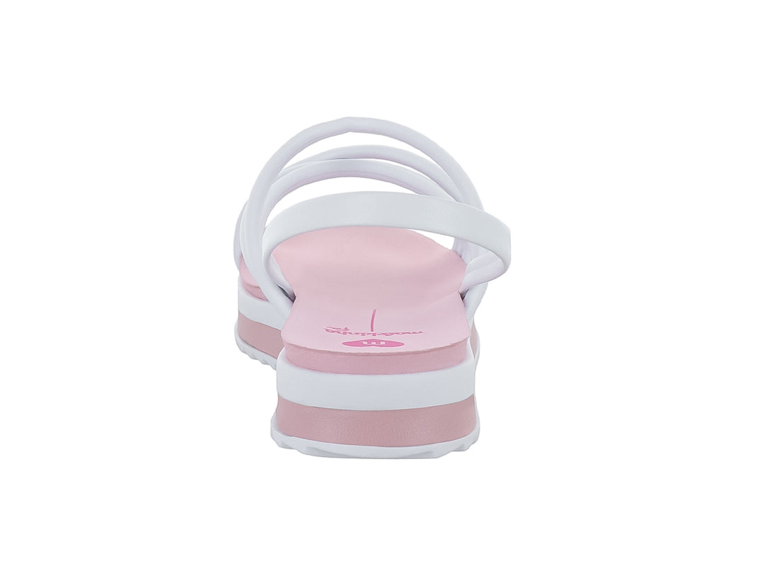 Sandalia de plataforma para niña en colores blanco y rosa con tiras cruzadas y suela dentada.