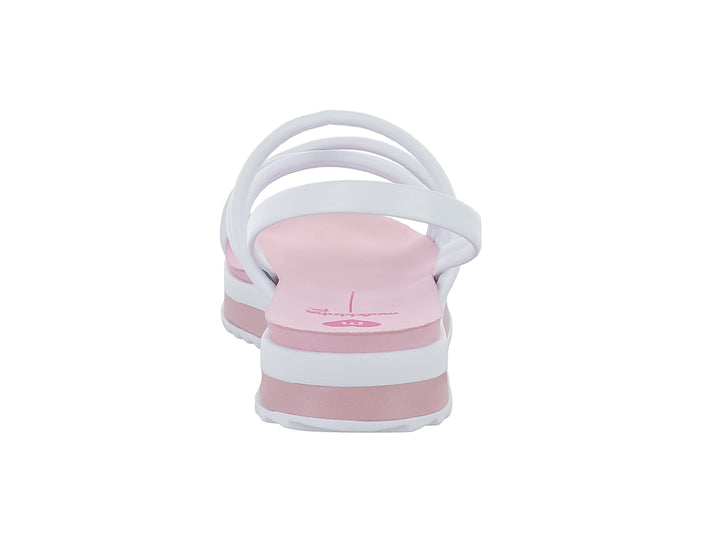 Sandalia de plataforma para niña en colores blanco y rosa con tiras cruzadas y suela dentada.