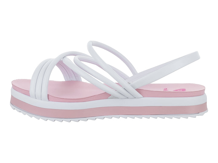 Sandalia de plataforma para niña en colores blanco y rosa con tiras cruzadas y suela dentada.