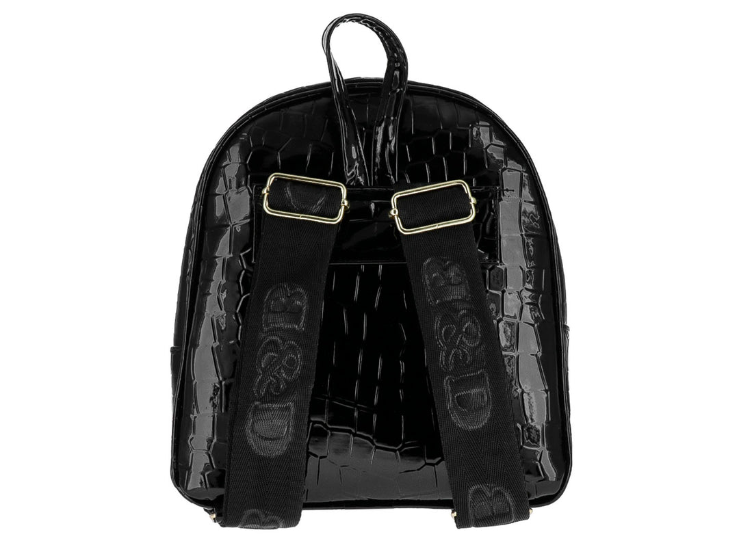 Mochila negra brillante con textura de cocodrilo y cierre frontal dorado.