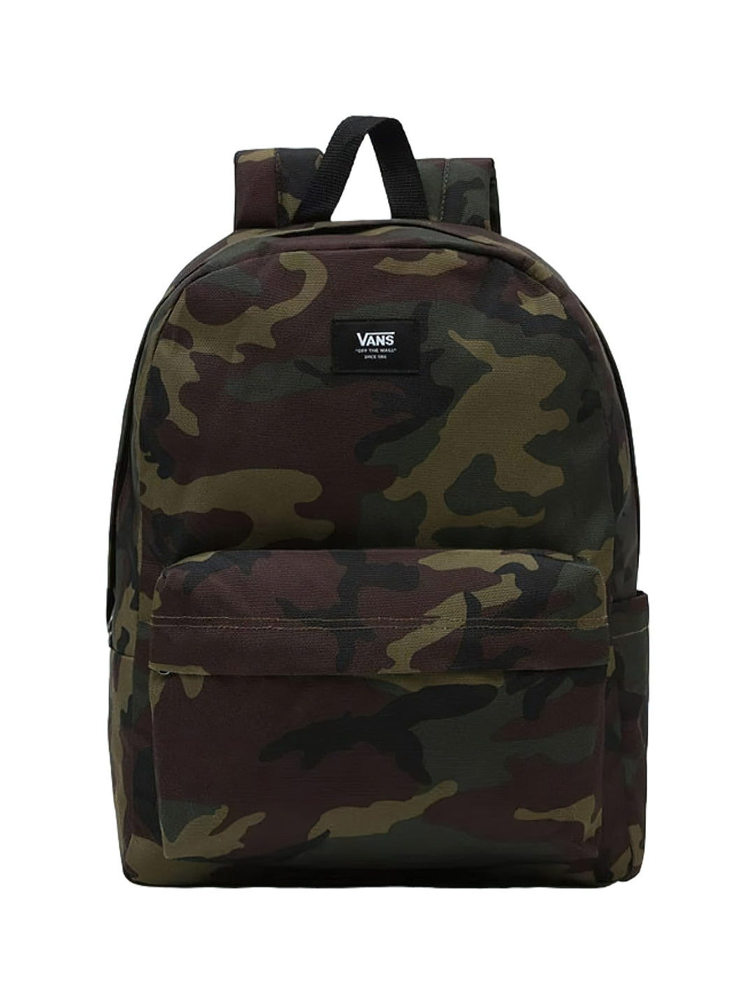 Mochila escolar VANS con estampado de camuflaje en tonos verdes y negros, con bolsillo frontal y asa superior.