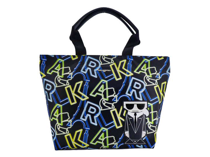 Bolsa tote negra de Karl Lagerfeld con estampado gráfico en azul y amarillo neón y asa superior.