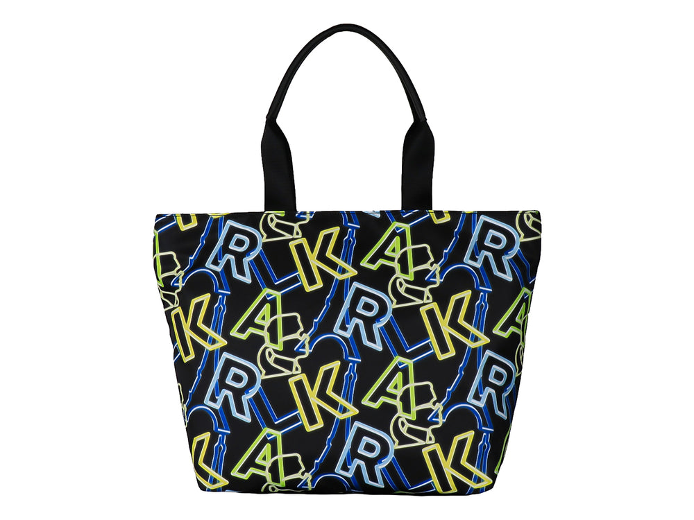 Bolsa tote negra de Karl Lagerfeld con estampado gráfico en azul y amarillo neón y asa superior.