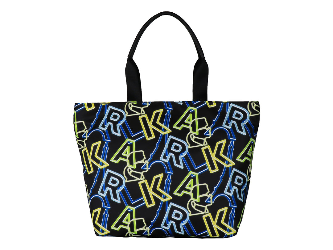 Bolsa tote negra de Karl Lagerfeld con estampado gráfico en azul y amarillo neón y asa superior.