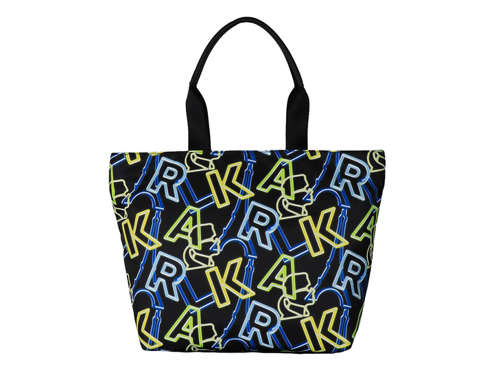 Bolsa tote negra de Karl Lagerfeld con estampado gráfico en azul y amarillo neón y asa superior.