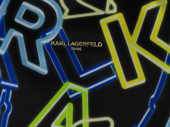 Bolsa tote negra de Karl Lagerfeld con estampado gráfico en azul y amarillo neón y asa superior.