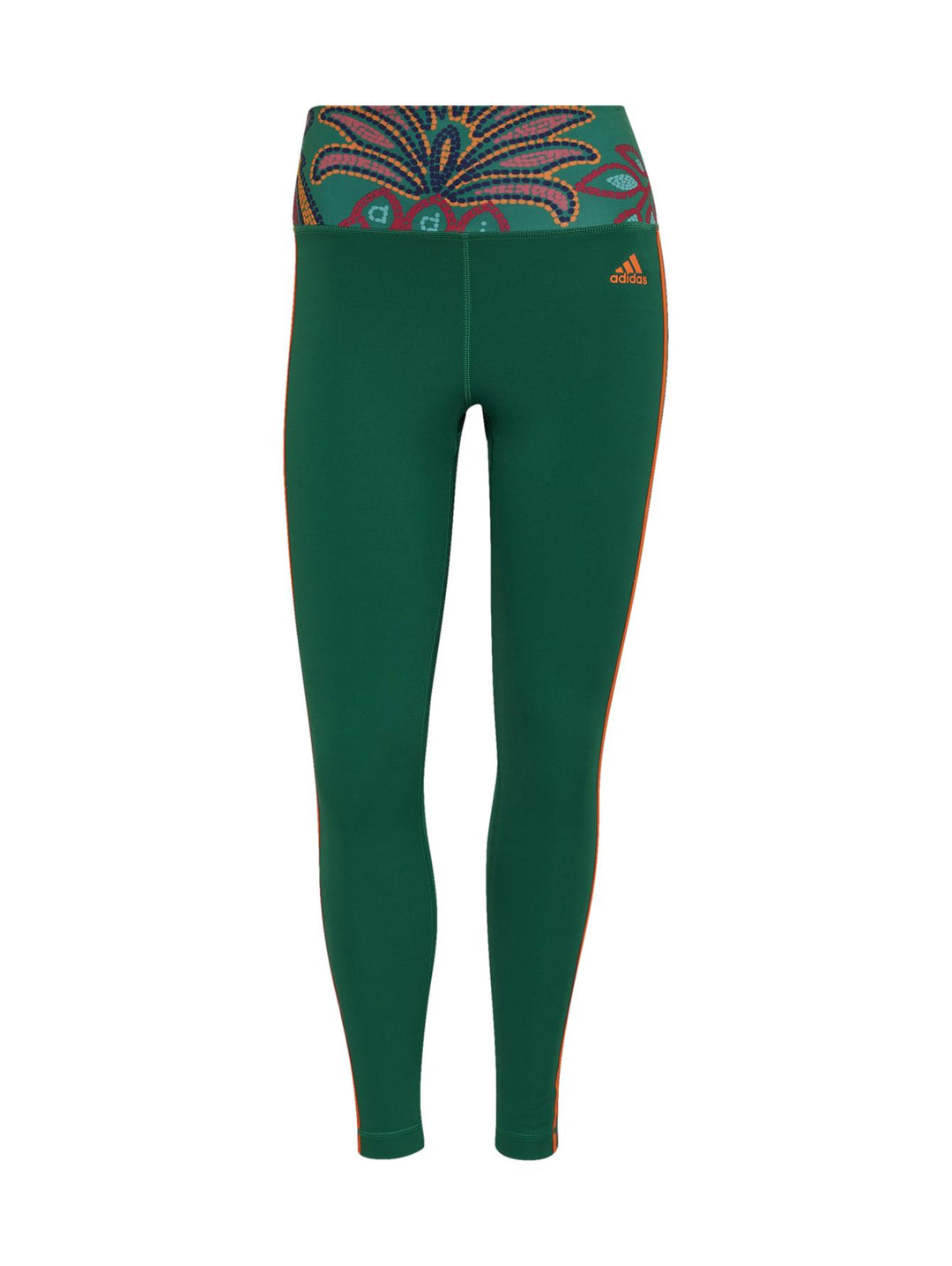 Leggings deportivos Adidas color verde con franjas naranjas laterales y cintura con estampado multicolor.