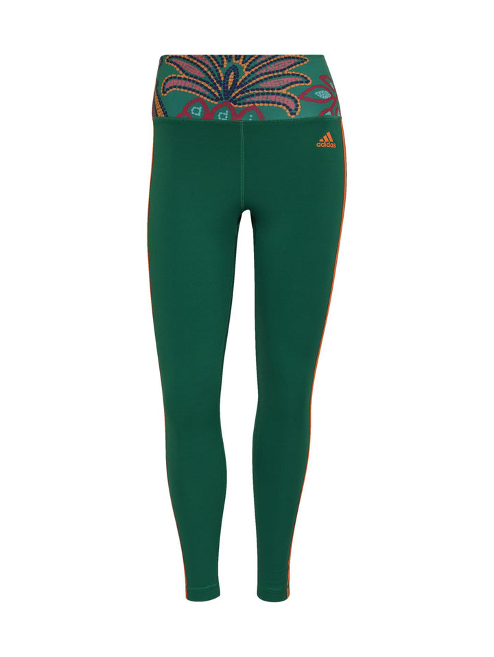 Leggings deportivos Adidas color verde con franjas naranjas laterales y cintura con estampado multicolor.