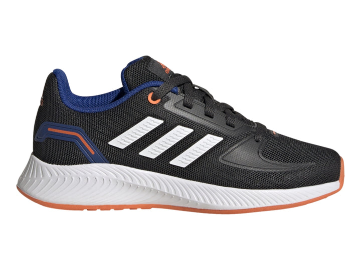 Tenis deportivos Adidas Runfalcon 2.0 K color negro con detalles en blanco y naranja.