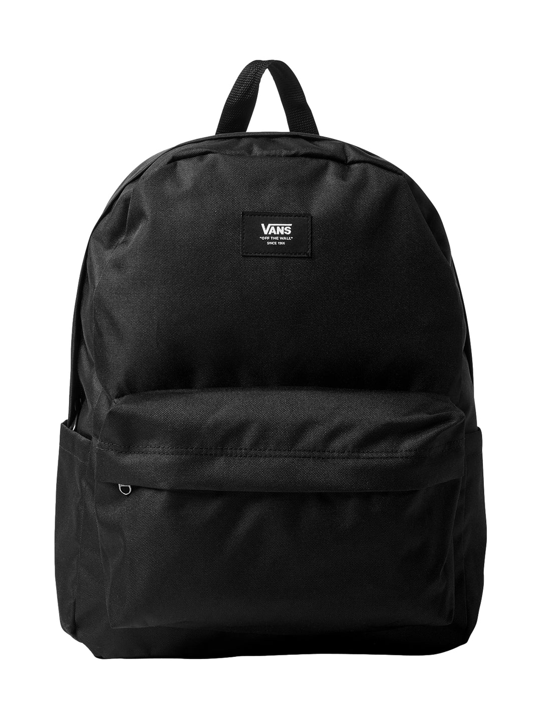 Mochila escolar Vans de color negro con un bolsillo frontal y logotipo central.