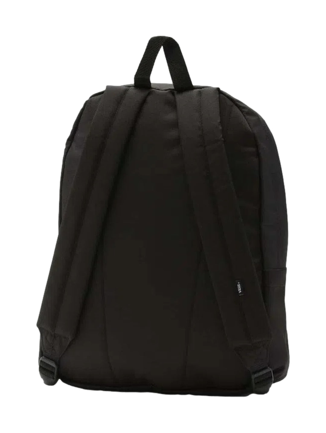 Mochila escolar Vans de color negro con un bolsillo frontal y logotipo central.