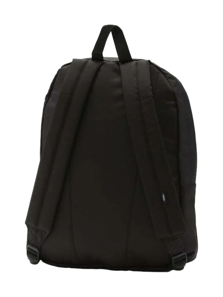 Mochila escolar Vans de color negro con un bolsillo frontal y logotipo central.