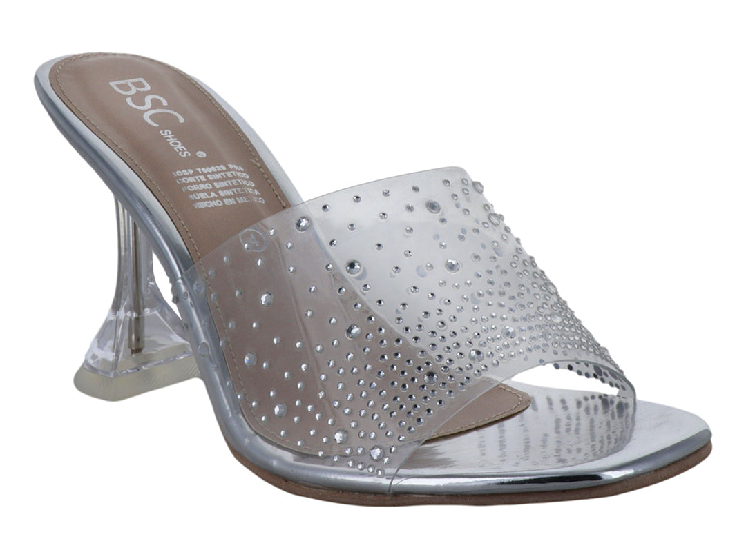 Sandalia de tacón BSC Shoes en color plata con tira transparente decorada con cristales brillantes.