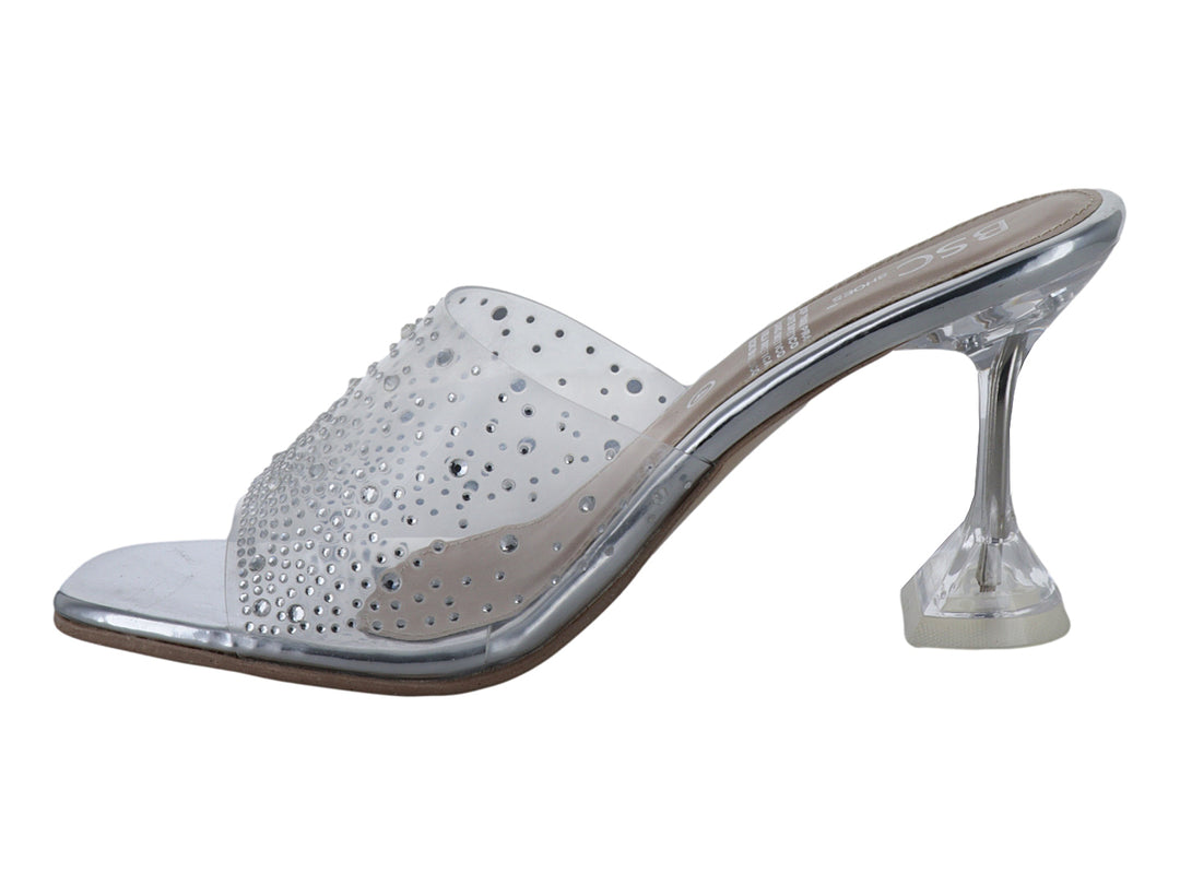 Sandalia de tacón BSC Shoes en color plata con tira transparente decorada con cristales brillantes.