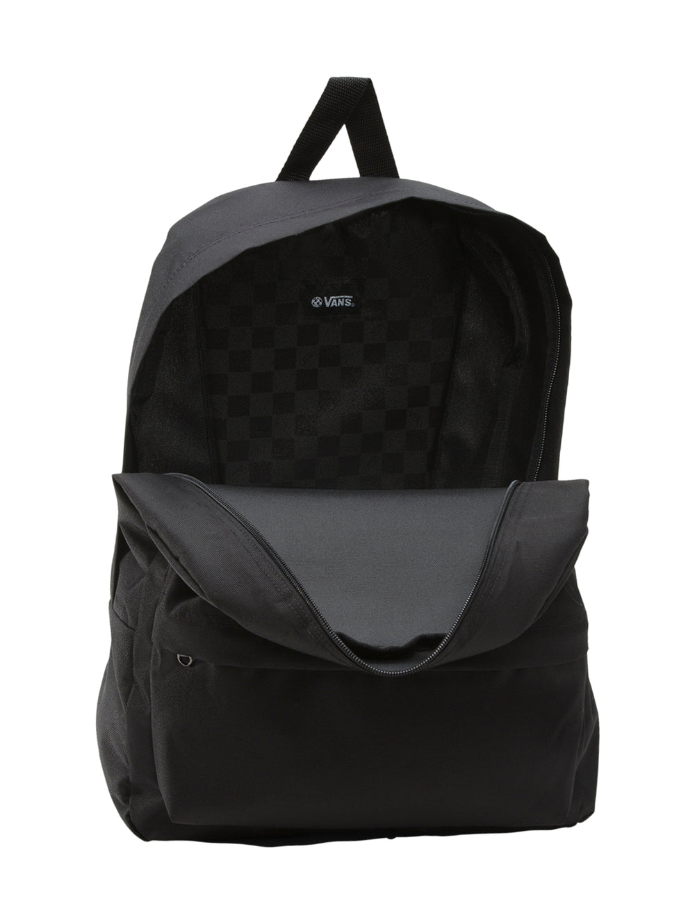 Mochila escolar Vans de color negro con logotipo blanco frontal y bolsillo delantero.