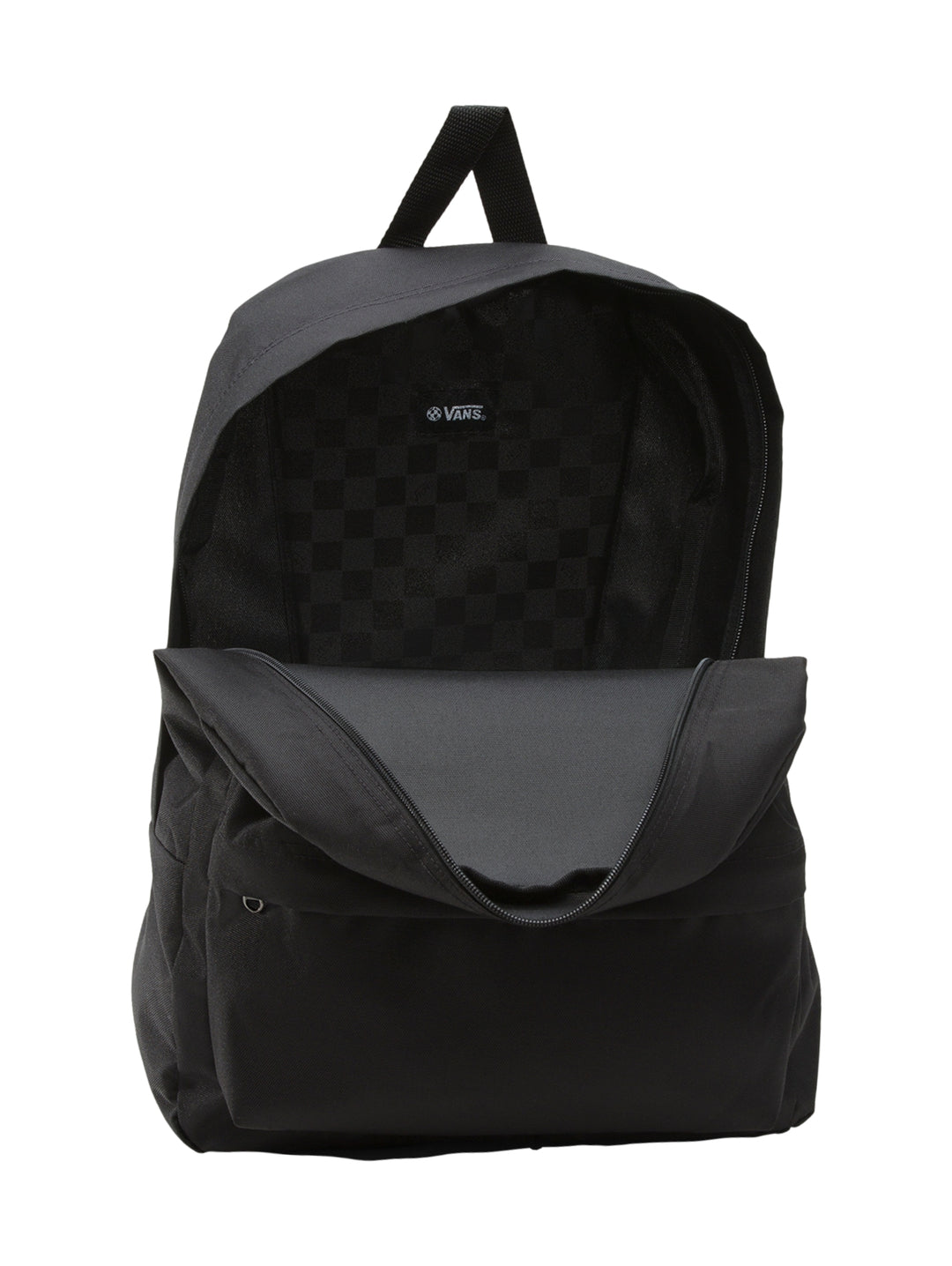Mochila escolar Vans de color negro con logotipo blanco frontal y bolsillo delantero.