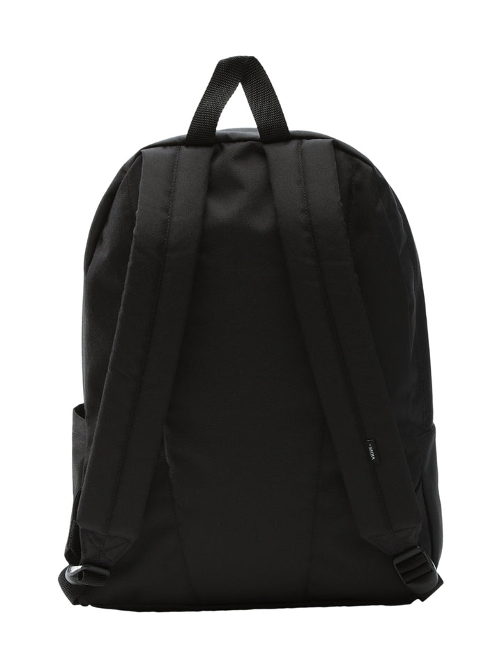 Mochila escolar Vans de color negro con logotipo blanco frontal y bolsillo delantero.