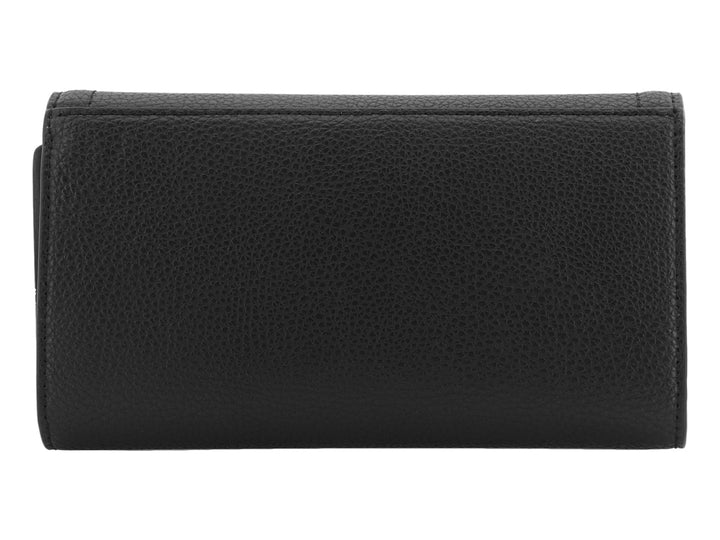 Cartera trifold de cuero color negro con logotipo de Calvin Klein en metal plateado.