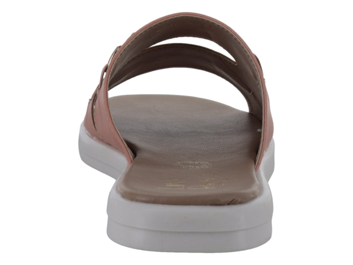 Sandalia deslizable color rosa Selenite con detalles de cadenas doradas y suela blanca.