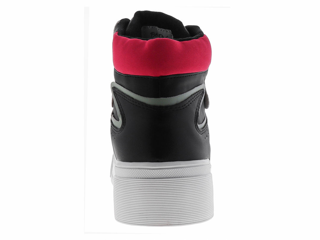 Tenis botín negro con suela blanca y detalles en rosa y morado.