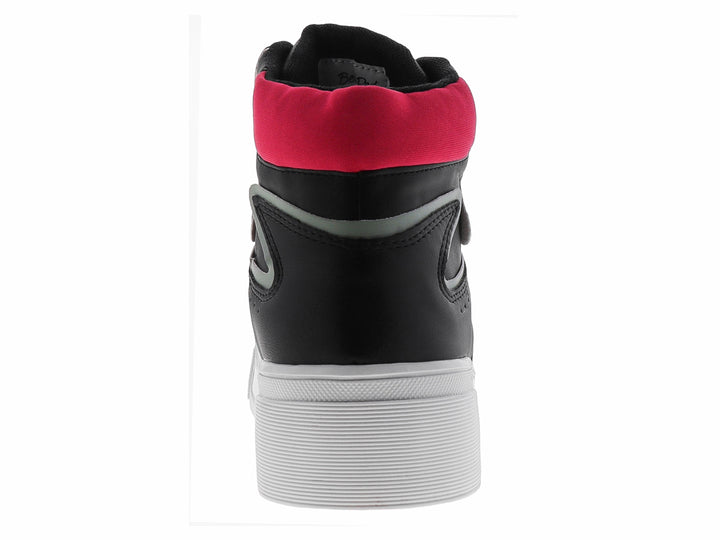 Tenis botín negro con suela blanca y detalles en rosa y morado.