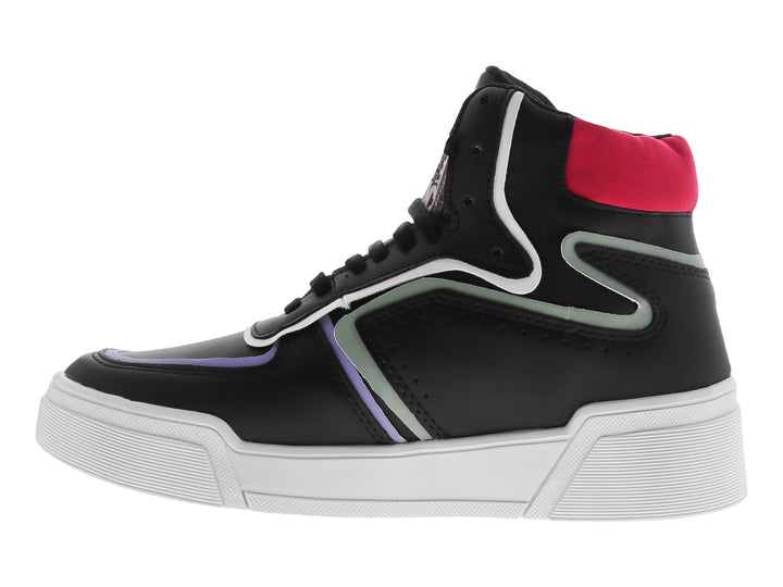 Tenis botín negro con suela blanca y detalles en rosa y morado.