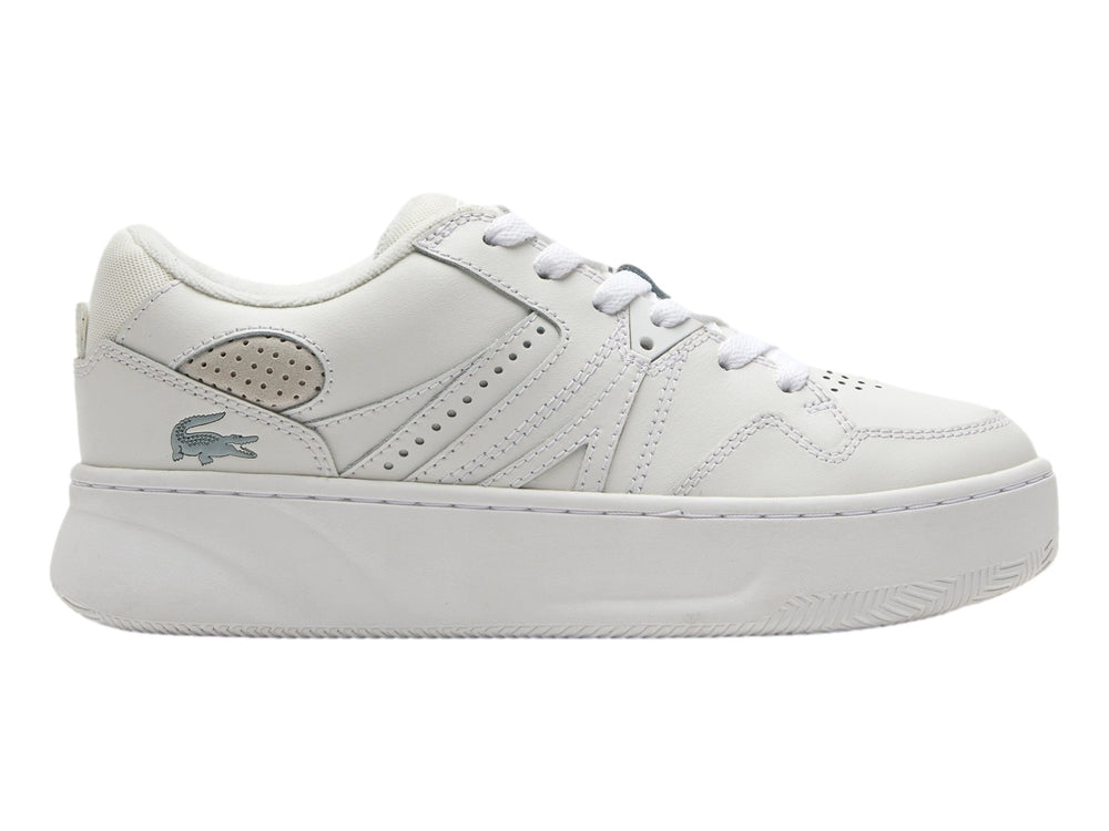 Tenis blancos Lacoste L005 de plataforma con agujetas y suela gruesa.