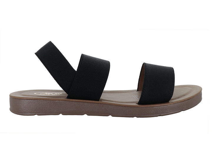 Sandalia CARAY Fanny de color negro con tiras anchas y suela plana en tono marrón.