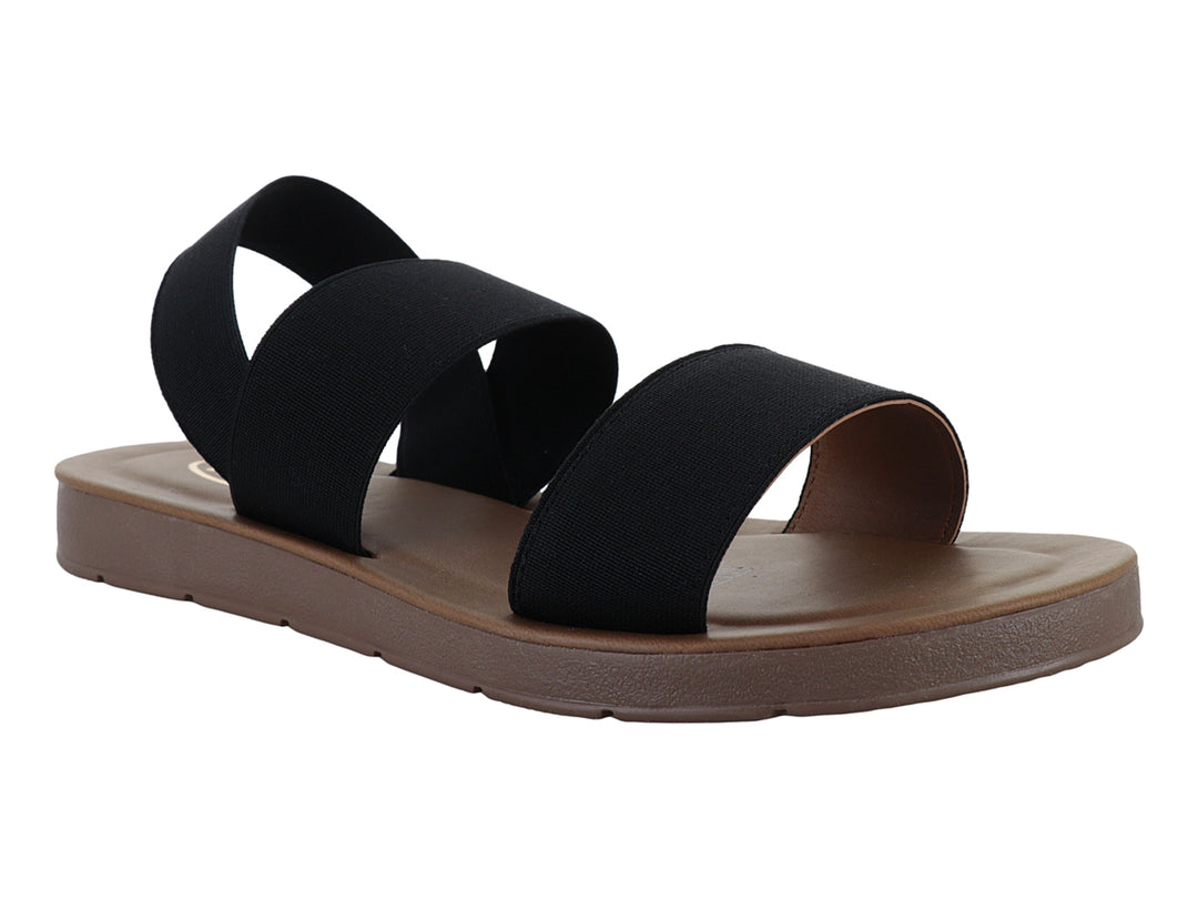 Sandalia CARAY Fanny de color negro con tiras anchas y suela plana en tono marrón.