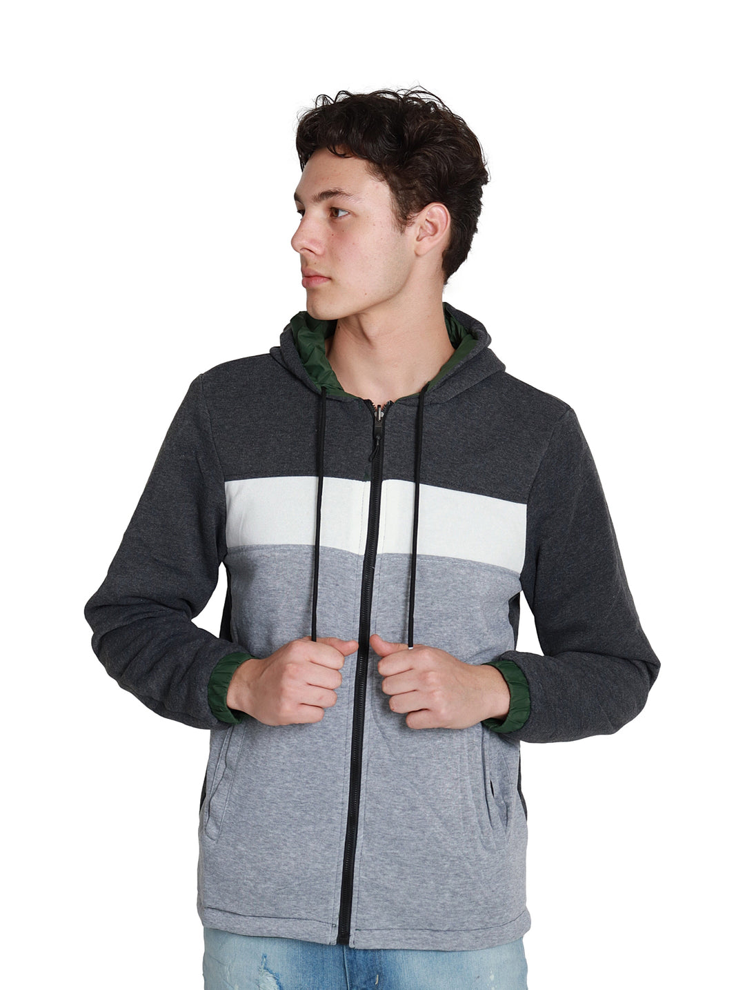 Sudadera American Fly para hombre con diseño de bloques en gris y blanco, detalles en olivo y cierre frontal.