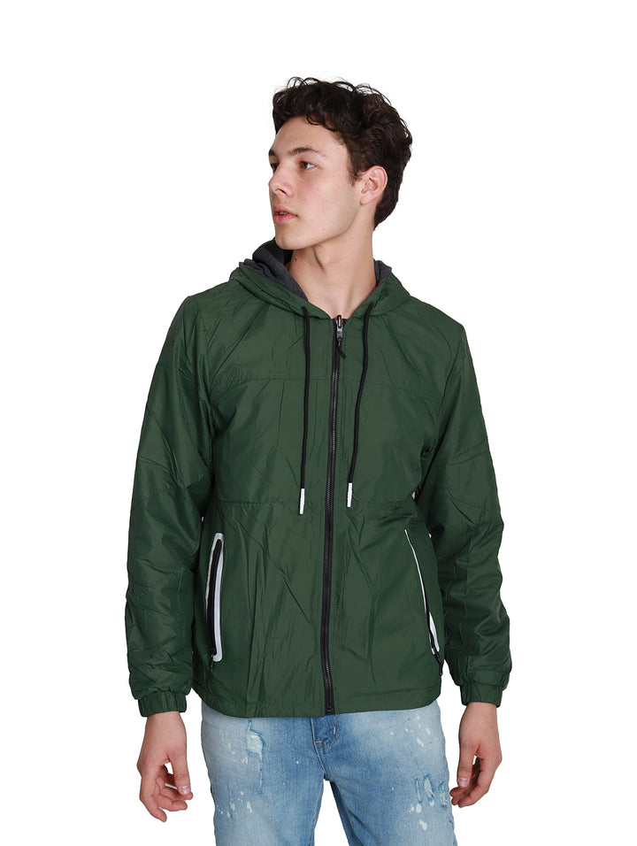 Sudadera American Fly para hombre con diseño de bloques en gris y blanco, detalles en olivo y cierre frontal.
