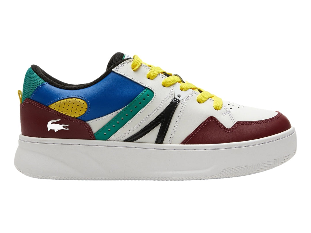 Tenis Lacoste L005 multicolor en blanco, burgundy, azul, verde y amarillo con suela blanca gruesa.