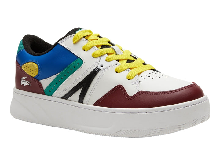 Tenis Lacoste L005 multicolor en blanco, burgundy, azul, verde y amarillo con suela blanca gruesa.